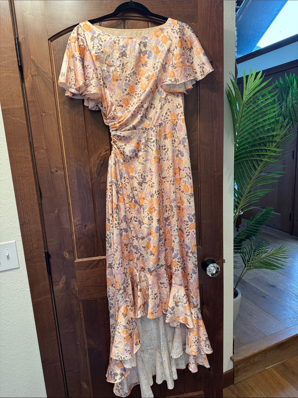 ASTR Floral Veida Ruffle High-Low Dress in Peach and Lavender